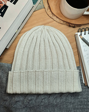 Czapka z kaszmiru100% mankietowa ecru kremowa kaszmirowa czapka w prążki, BAJKA projekt