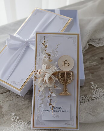 Elegancka kartka na komunię biało złota, Osobiste Prezenty