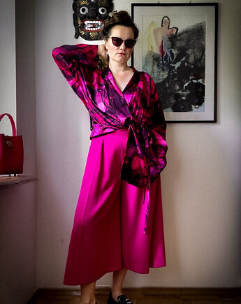 Jedwabiste KIMONO/SUKIENKA kopertowa autorski print AURORA 100% WISKOZA PREMIUM, NAWROTANKA