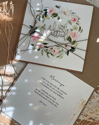 Kartka ślubna ręcznie robiona boho wedding card Just Married, sorte