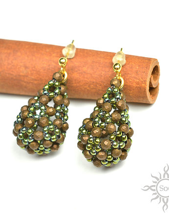Ażurowe krople z hematytu X, kolczyki, beading, Sol