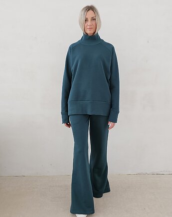 Kanani komplet spodnie dzwony i bluza z golfem butelkowy zielony, Ablush