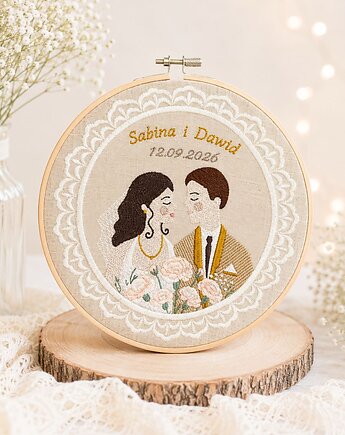 Personalizowana pamiątka ślubna, haft ślubny/ rocznicowy w tamborku, Plasun