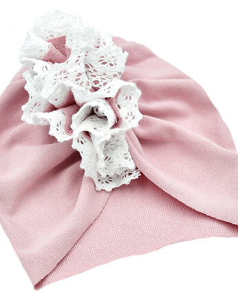 Turban czapeczka bawełniana brudny róż z koronką, FairyBows