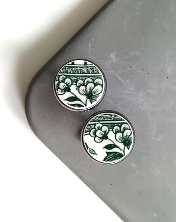 Spinki w zielone wzory, biżuteria z talerzy