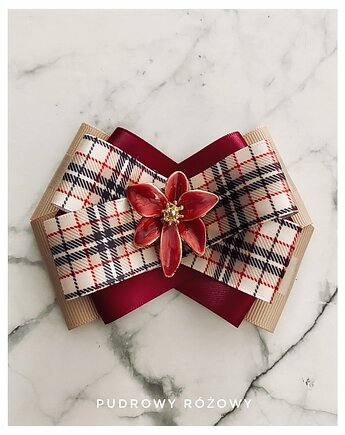 Brosza Burgund  z beżem w kratę z kwiatem  3d NOWOŚĆ, Pudrowy Różowy