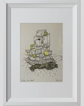 Rysunek Żółw 30x20cm + biała rama A4, ŁUKASZ KROKOSZ ART