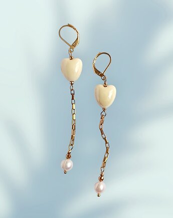 Kolczyki dłuuugie : serduszka ceramiczne i perły : żółte, kaktusia