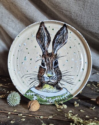 Talerz Królik zimowy, obiadowy talerz, świąteczny, baśniowy talerz, Fiona Ceramics