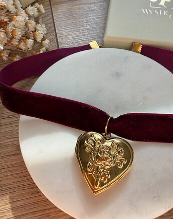 Choker z sercem sekretnik na aksamitnej burgundowej wstążce, Mystic Girl