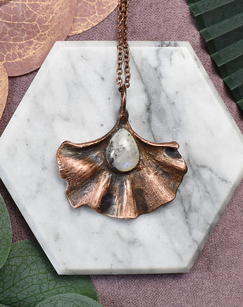 Miedziany wisior z kamieniem księżycowym Liść Miłorzębu japońskiego, Spirit Of Copper