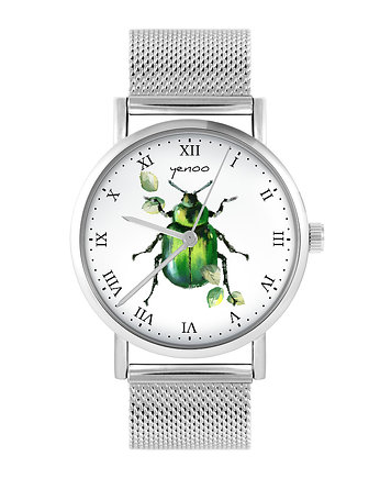 Zegarek - Zielony żuczek - bransoleta mesh, OKAZJE - Prezenty na 18 dla chłopaka