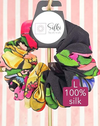L średnia gumka do włosów jedwab naturalny scrunchie czarna w kolorowe kwiaty, Silki