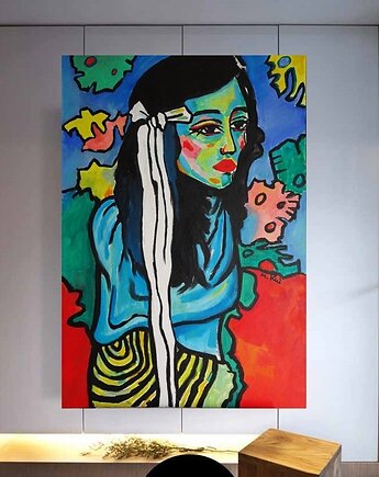 Duży obraz olej na płótnie  dziewczyna ze wstęgą ekspresjonizm, alice oil on canvas