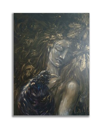Obraz olejny ręcznie malowany 60x80cm "Kruk" las czarny, Galeria Alma