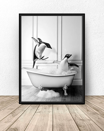 Plakat do łazienki "Pingwiny w wannie", scandiposter