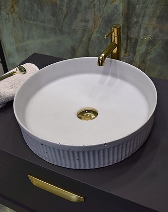 Okrągła umywalka nablatowa ryflowana 41cm kolor jasno szary, Betonowy Design