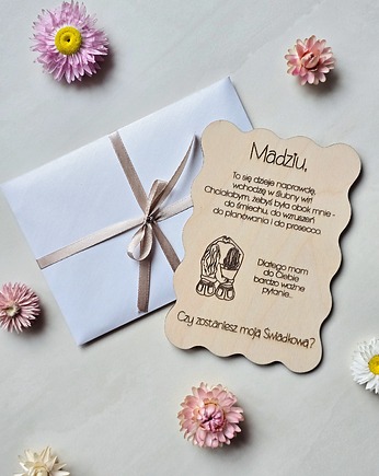 Personalizowana drewniana kartka z prośbą o świadkowanie, BohoSuszki