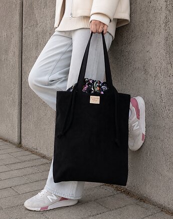 Torba HANA Dark Blooming Garden-duża czarna torba z kominem z nubuku, Słodkiego Miłego Szycia