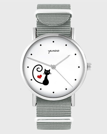 Zegarek - Kotek, serce - szary, nylonowy, yenoo