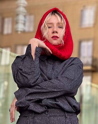 100% MERINO Czerwona kominiarka kapturek, PANAPUFA