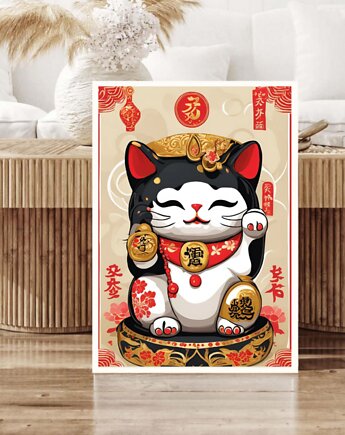 PLAKAT z kotem na szczęście , maneki neko grafika, japońska ilustracja, black dot studio