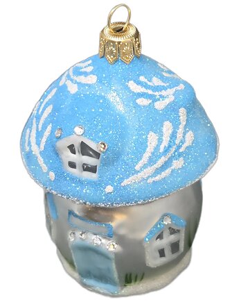 Ręcznie malowana bombka szklana niebieski grzybowy domek, STARGLASS