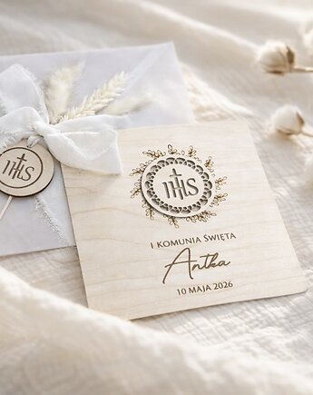 Kartka na pamiątkę I Komunii Świętej DREWNIANA, DREWNIANA KARTKA