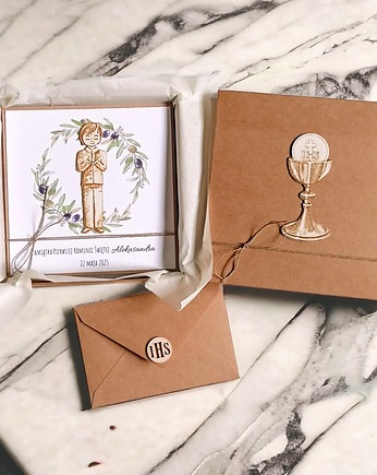 Kartka, personalizacja, pudełko, koperta : oliwki : chłopiec 2, kaktusia