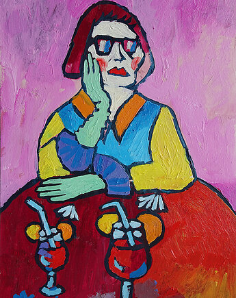 Obraz ręcznie malowany portret babcia z drinkiem, alice oil on canvas