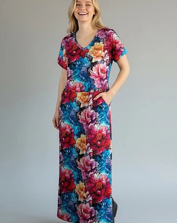 Sukienka maxi w kwiaty rozmiar L kieszenie gumka w pasie dekolt V, Auri Lili