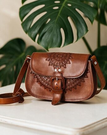 Torebka skórzana ręcznie robiona góralska Sol brązowa camelowa, SempreArte