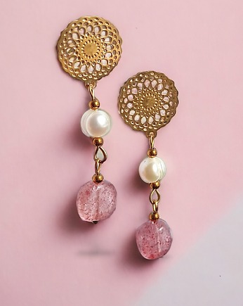 Kwarc truskawkowy & PERŁY. kolczyki na ozdobnych sztyftach, kaktusia