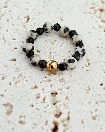 Pierścionek elastyczny Jaspis dalmatyński i Onyks, Chmolowska Jewellery