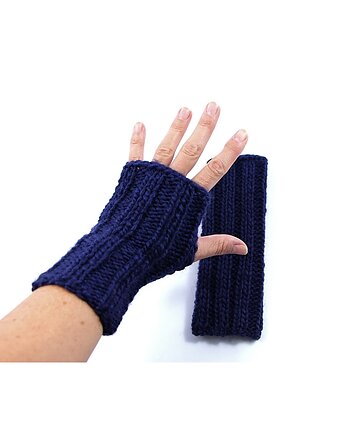 Granatowe mitenki unisex zrobione na drutach, RękaProduction