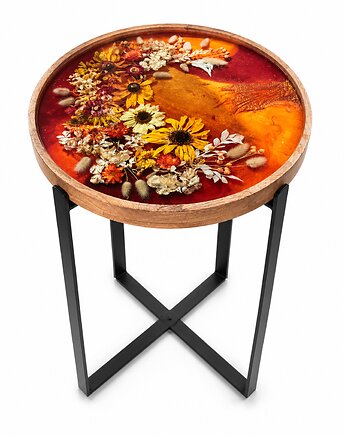 Okrągły stolik kawowy z kompozycją kwiatową na bursztynowym tle, Majuto Resin Art