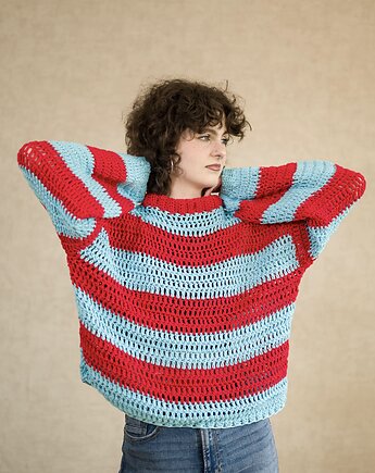 Całoroczny sweter oversize w paski czerwień błękit - bawełna organiczna, DecMabu