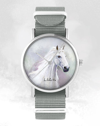 Zegarek - Biały koń - szary, nylonowy, OKAZJE - Prezenty na 18 dla chłopaka