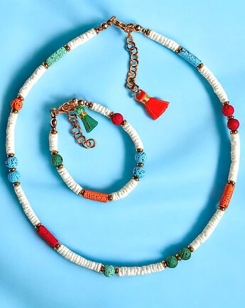 RAZEM TANIEJ! summer collection: naszyjnik i bransoletka : muszla biała i lawa, kaktusia