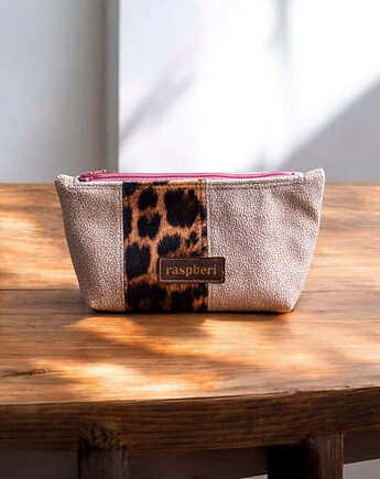 Welurowa kosmetyczka MIDI patchwork panterka, raspberi