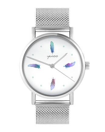 Zegarek - Turkusowe piórka - bransoleta mesh, yenoo