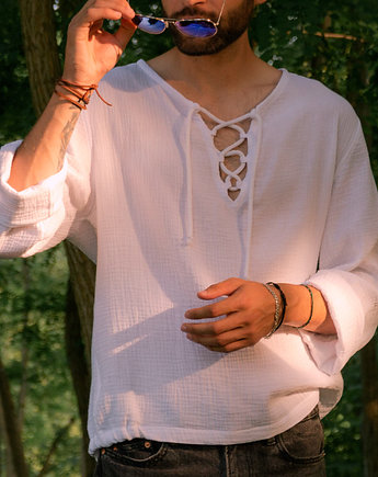 Biała koszula męska muślinowa ze sznurkiem, Lariko Studio