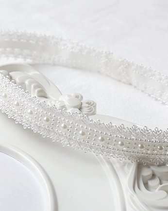 Elegancka opaska na chrzest koronka z perełkami, FILIPOLA