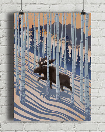 Zimowy las / Łoś na śniegu - plakat przyrodniczy, minimalmill