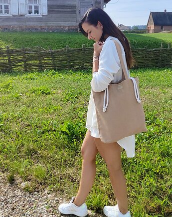 Torba HANA Spring Meadow-duża beżowa torba z kominem z nubuku, Słodkiego Miłego Szycia