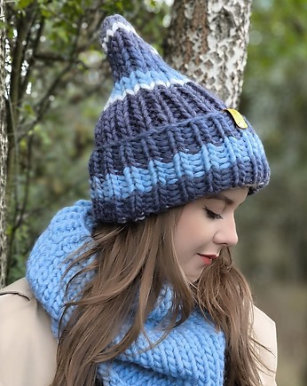 Niebieska wełniana czapka WOOLY COLOR "13" w paseczki, sploteka