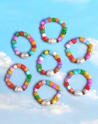 Pierścionek : summer collection : kolorowa muszla i perła, kaktusia