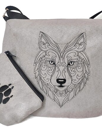Szara listonoszka z wilkiem,  torebka z wilkiem , portfelik łapa, Made by Joan
