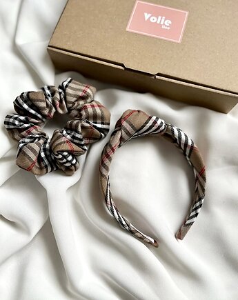 Zestaw opaska supełkowa i scrunchie Beige Check