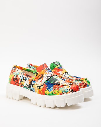 KOLOROWE MOKASYNY NA GRUBEJ PODESZWIE-SKÓRA NATURALNA-MODEL 285-KOLOR KLEKSY, Zapato
